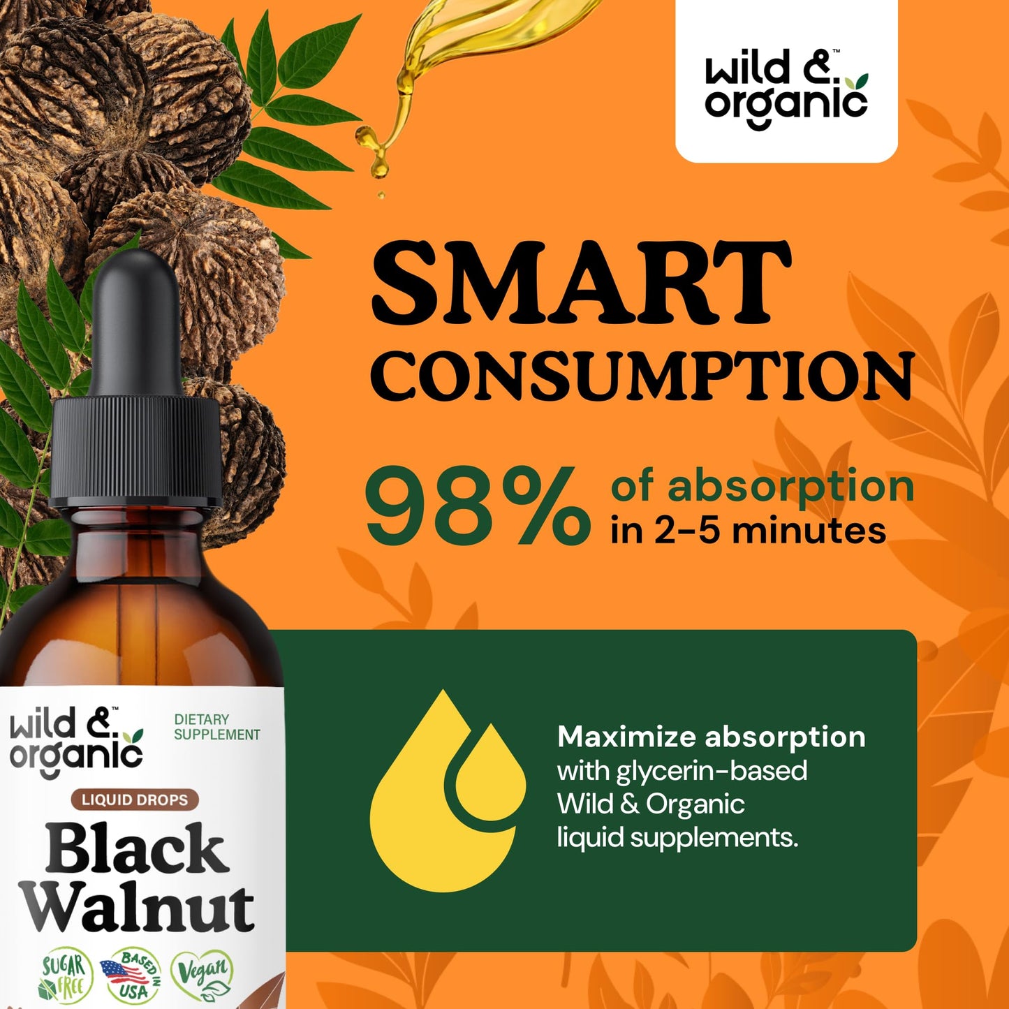 Wild & Organic Black Walnut Hull Tincture - Cleanse & Gut Support - Black Walnut Extract Supplement - Fast Absorption Liquid Drops - Add to Tea & Mix with Powder - Without Alcohol & Sugar - 4 fl oz