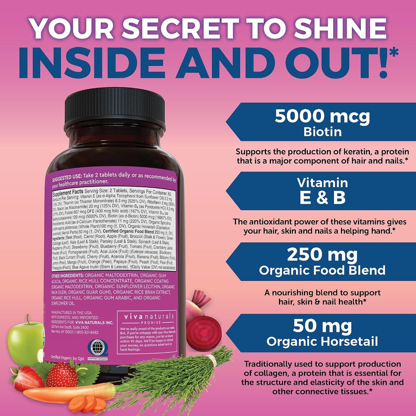 Biotin 5000 mcg Hair Skin Nails Vitamins for Women – Organic and Vegetarian-Friendly Supplement with Vitamin E, B-Vitamins, Spirulina, Horsetail and Superfood Blend to help Produce Keratin –120 Count
