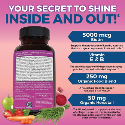 Biotin 5000 mcg Hair Skin Nails Vitamins for Women – Organic and Vegetarian-Friendly Supplement with Vitamin E, B-Vitamins, Spirulina, Horsetail and Superfood Blend to help Produce Keratin –120 Count