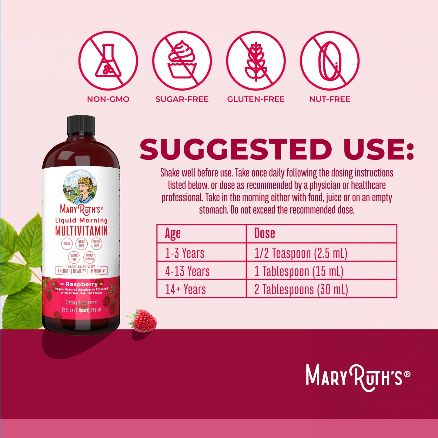 MARYRUTH'S Liquid Morning Multivitamin for Women, Men & Kids | Vitamin A C D E B6 B12 Biotin Zinc | Beauty | Vegan | Non-GMO | Gluten Free | 32 Servings