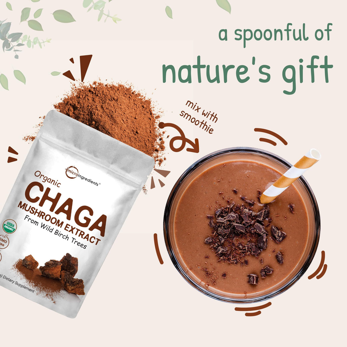 Micro Ingredients Organic Chaga Mushroom Extract 100:1 Powder, 10 Ounce | Sustainably