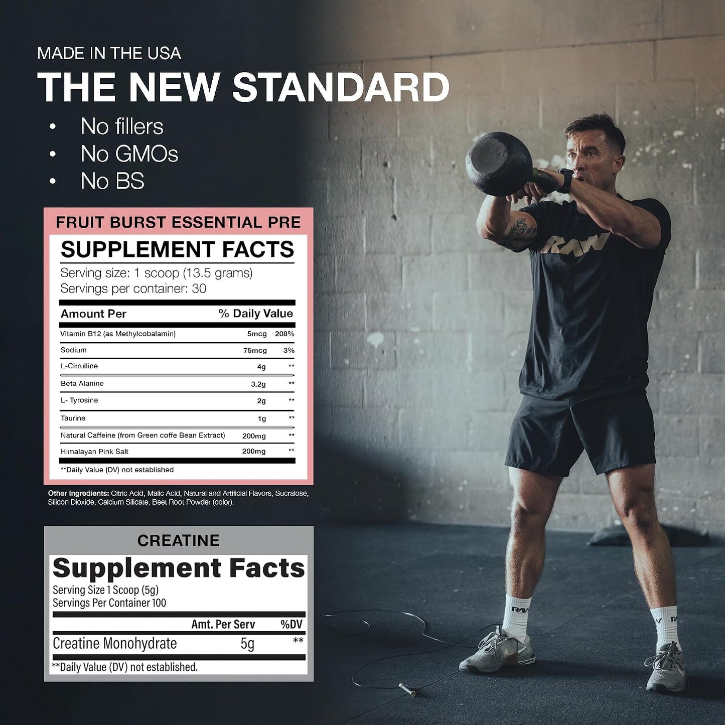 RAW Nutrition Creatine Monohydrate & Fruit Burst Pre-Workout Powder Bundle
