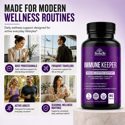 HerbaMe Immune Support Supplement, 15 in 1 Daily Wellness Formula with Elderberry, Quercetin, Zinc, Vitamin C & Selenium, Olive Leaf & Garlic for Men & Women, 90 Capsules