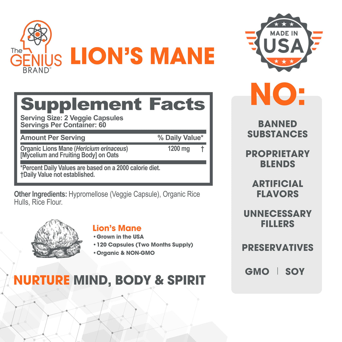 Genius Lions Mane Supplement Capsules - Organic Nootropic Supplement, 1200mg per