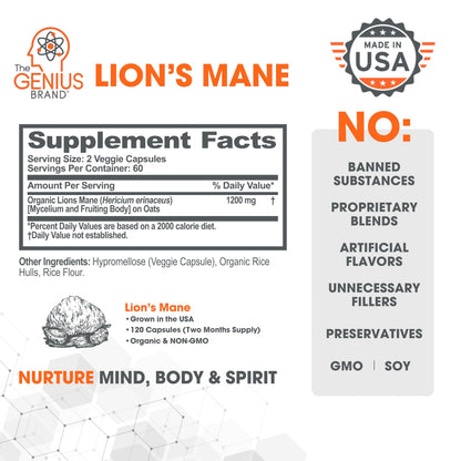 Genius Lions Mane Supplement Capsules - Organic Nootropic Supplement, 1200mg per
