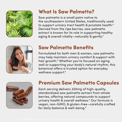 Saw Palmetto for Man & Women - Saw Palmetto Extract 320mg - Prostate Health Supplements for Men & Saw Palmetto for Women Hair Loss - Natural DHT Blocker, Vegan, Non-GMO - 30 Capsules