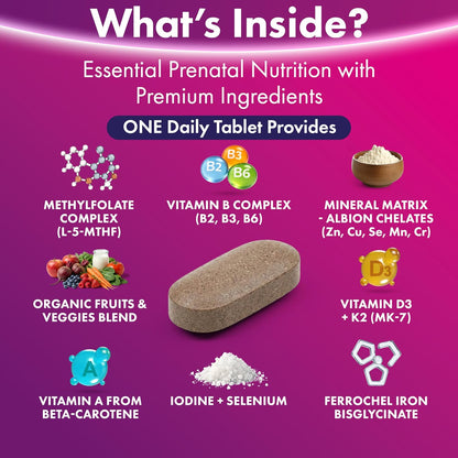 by INDICAID Prenatal Vitamins for Women- Sophisticated Folate and 18 Vitamins and Minerals for Neural Tube Support & Fetal Brain Development, Gluten-Free, Dairy-Free & Soy-Free - 30 Servings