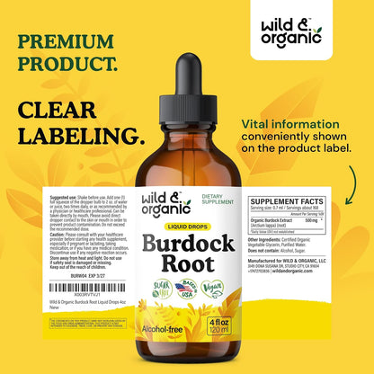 Wild & Organic Burdock Root Tincture - Antioxidant, Detox & Lymphatic Support - Burdock Root Extract Drops - Arctium Lappa Herb Supplement - Add to Tea - Vegan, Sugar & Alcohol-Free - 4 fl oz