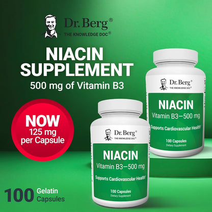 Dr. Berg Highly-Potent Niacin 500 mg – Now Only 125 mg per Capsule for Niacin Flush Tolerance Building – Gradually Increase to 500mg a Day – Vitamin B3 for Heart, Brain & Energy Support – 100 Capsules