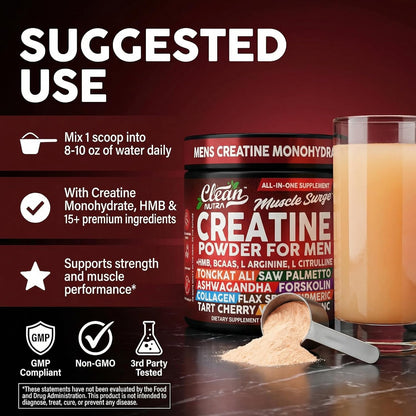 Clean Nutra Creatine Powder for Men + HMB BCAA L Arginine L Citrulline Tongkat Ali Saw Palmetto Ashwagandha Collagen Flax Seed Turmeric Preworkout Stevia Nitric Oxide L Glutamine Amino Acids