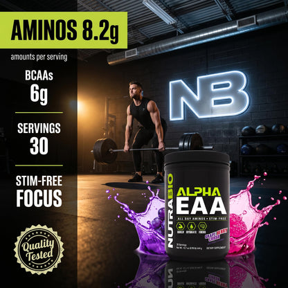 NutraBio Alpha EAA - All-Day Amino Acids for Muscle Growth and Hydration - Essential Amino Acids with Nootropics & Adaptogens- Full Spectrum EAA BCAA Powder - 30 Servings - Strawberry Lemon