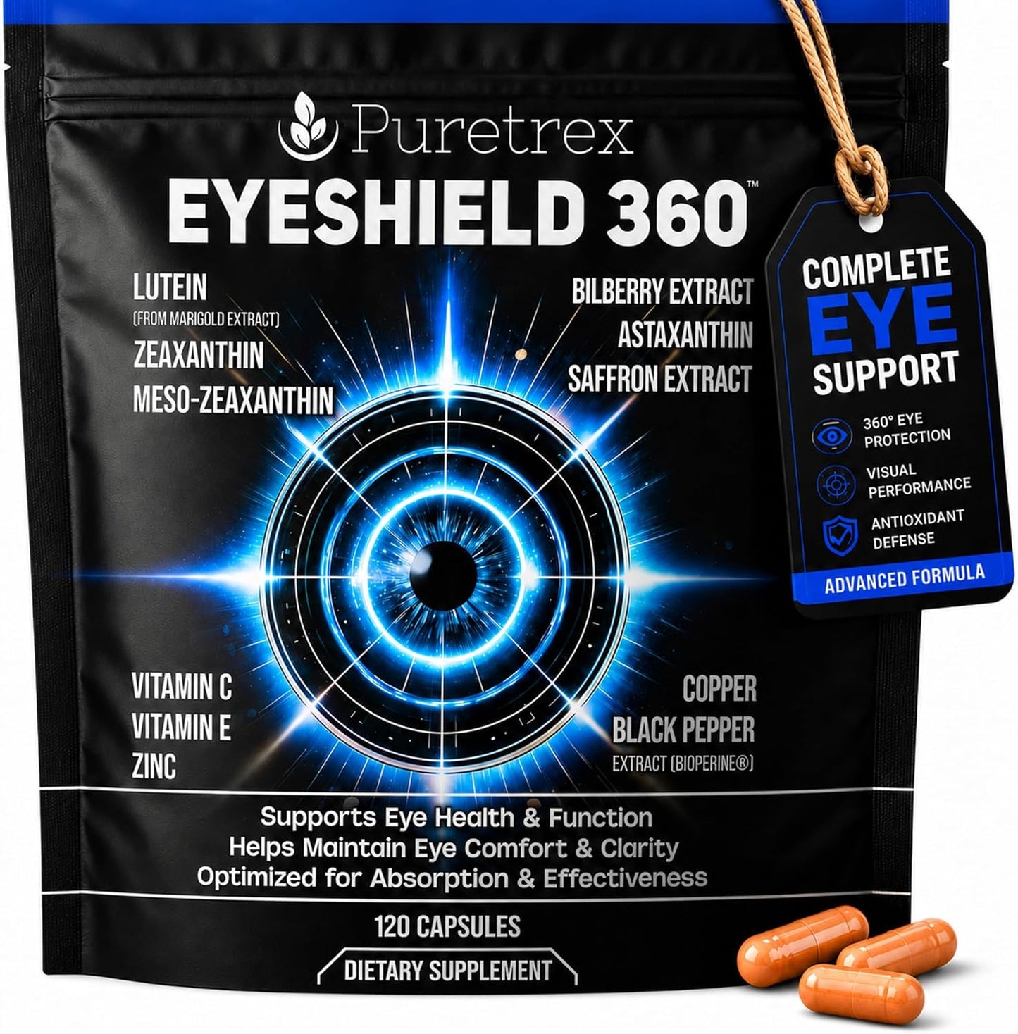 EyeShield 360 Eye Supplements for Adults Over 50, 120 Vegan Capsules with Lutein Zeaxanthin Astaxanthin Bilberry Saffron, Vision Supplement, Eye Support Formula with BioPerine, Made in UK