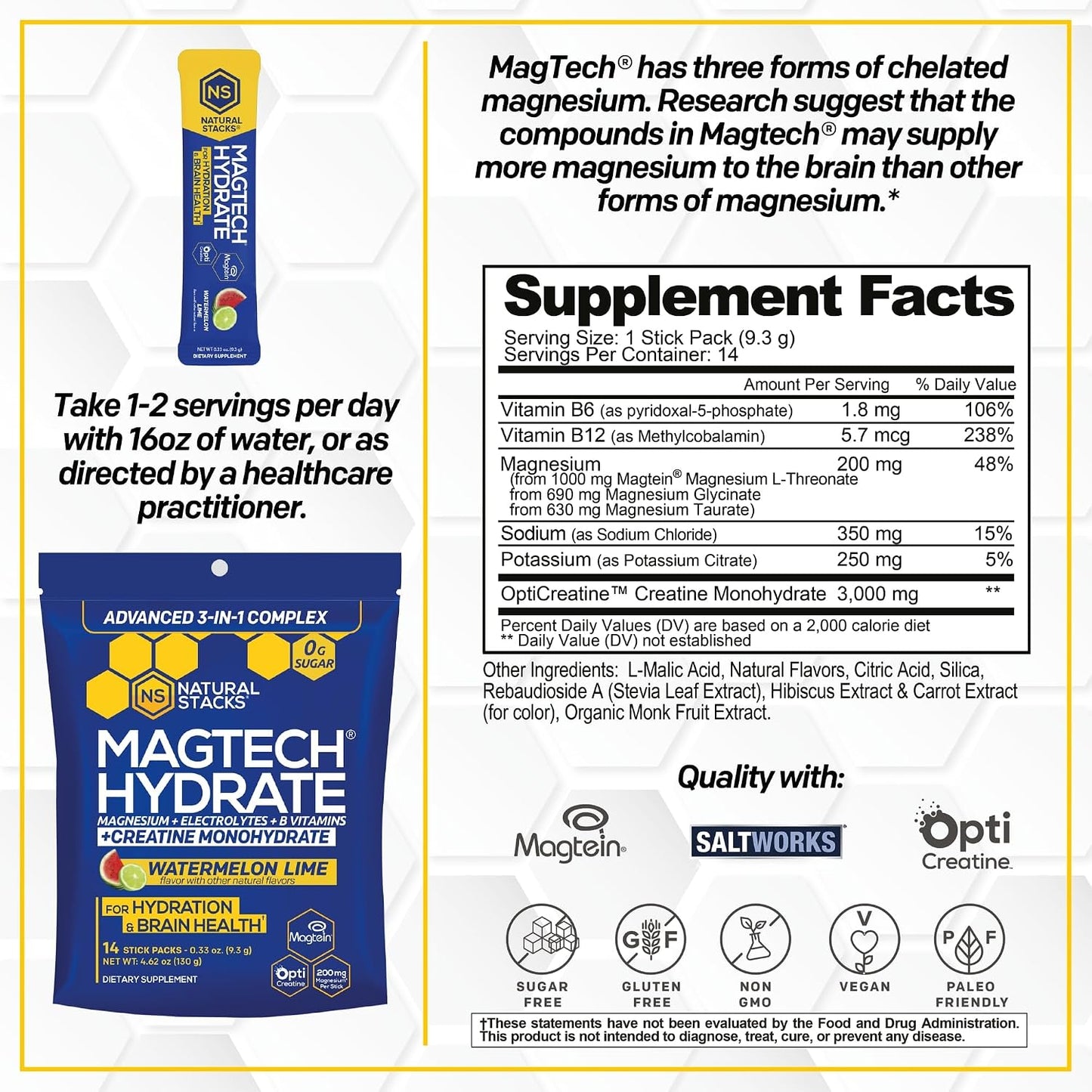 Natural Stacks Magtech Magnesium Hydrate Bundle - Magnesium & Creatine Hydration Powder - Supports Brain Health & Hydration - 3 Pack (42 Total Servings)