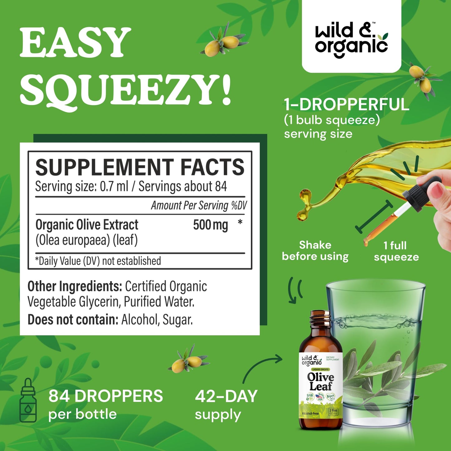 Wild & Organic Olive Leaf Extract Liquid Drops - Immune & Antioxidant Support - Oleuropein Supplement - Add to Tea Olive Leaf Tincture - Vegan, Sugar & Alcohol Free - 4 fl oz