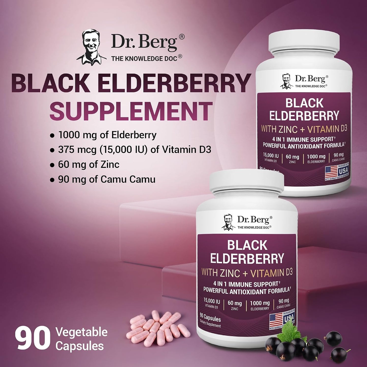 Dr. Berg Black Elderberry Capsules (Advanced Immune Support*) with 15,000 IU Vitamin D, 60 mg of Zinc, & 90 mg of Camu Camu - (4-in-1) Sambucus Elderberry Immune Support Supplement - 90 Capsules