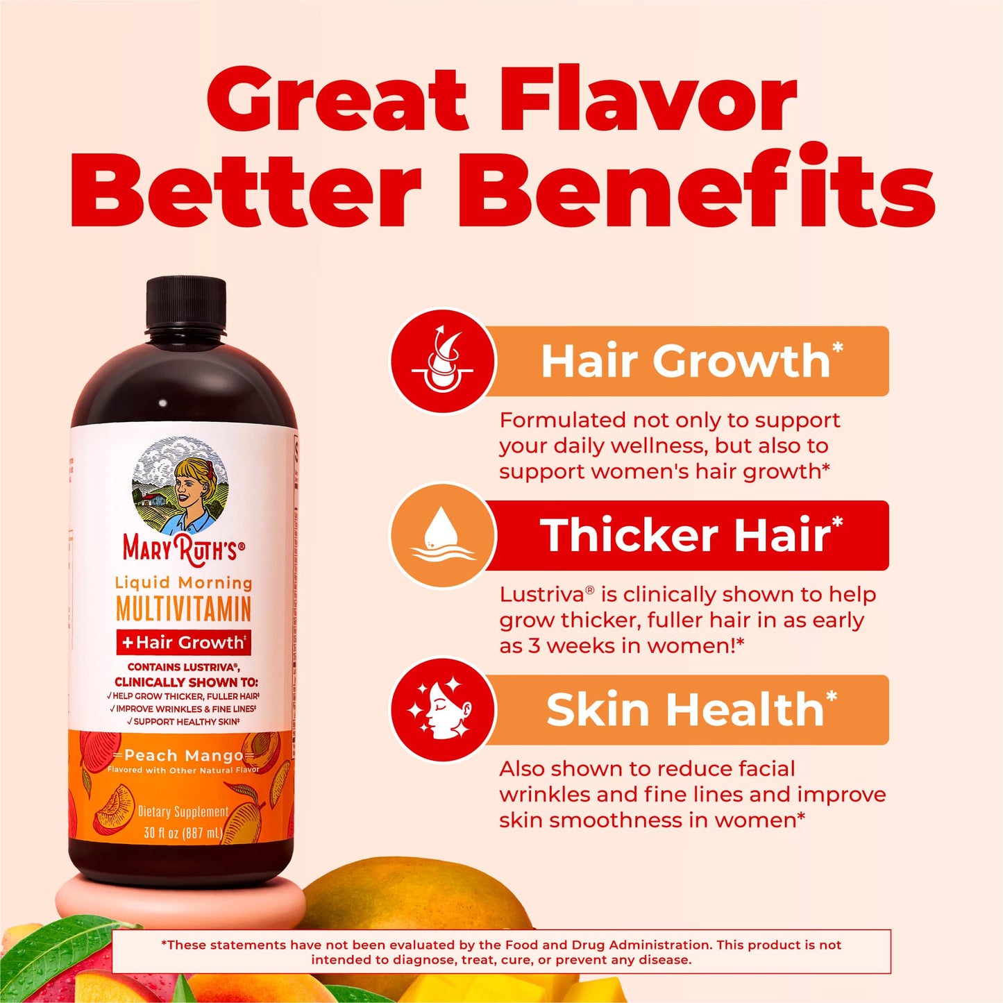 MARYRUTH'S Liquid Multivitamin + Hair Growth | Clinically Tested in Women for Thicker Hair & Facial Wrinkles | Biotin 10000mcg | Lustriva Hair Growth Supplements | Skin Care | Ages 18+ | 15.22 Fl Oz