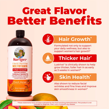 MARYRUTH'S Liquid Multivitamin + Hair Growth | Clinically Tested in Women for Thicker Hair & Facial Wrinkles | Biotin 10000mcg | Lustriva Hair Growth Supplements | Skin Care | Ages 18+ | 15.22 Fl Oz