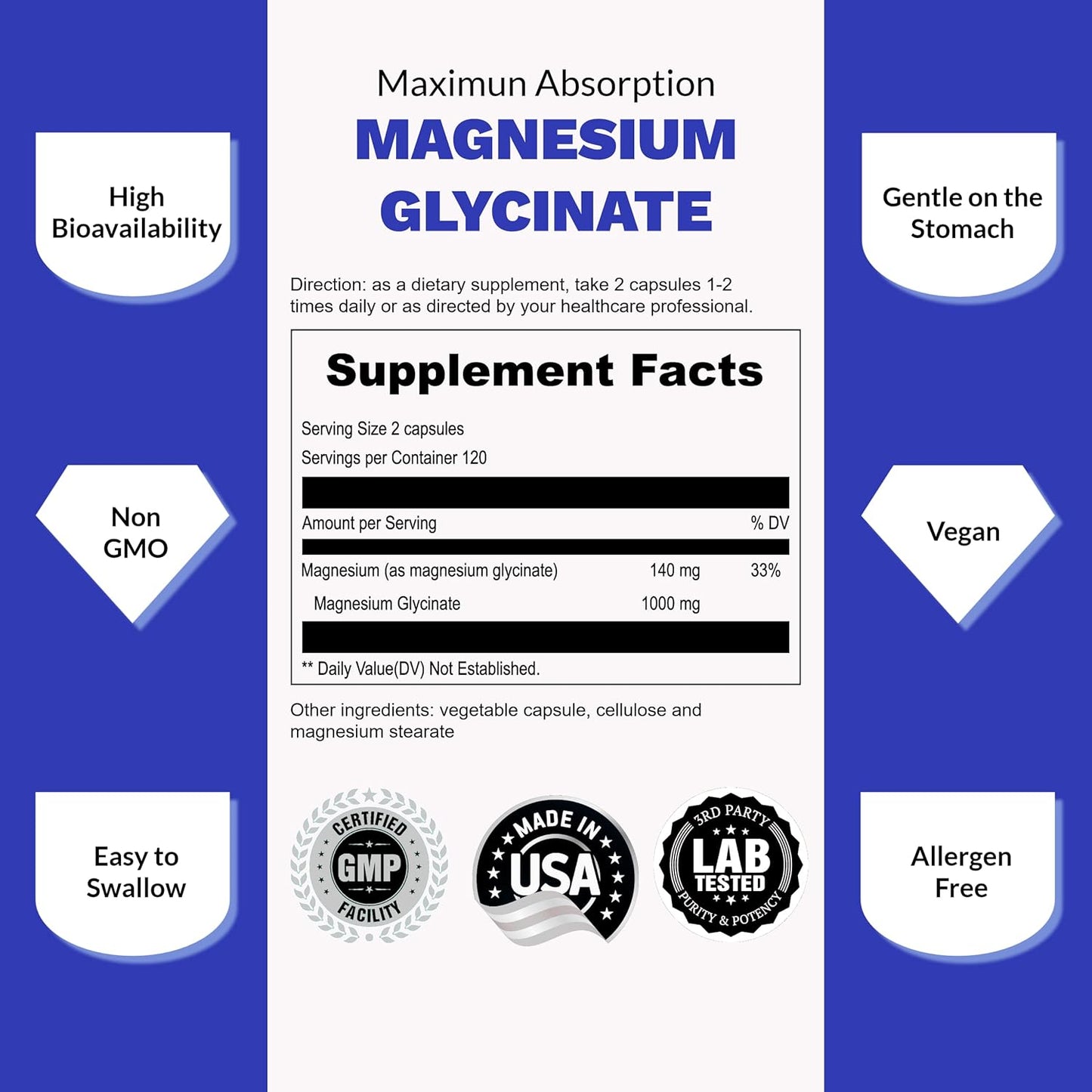 UpNourish Chelated Magnesium Glycinate 500mg Capsules - Magnesium Chelate for High Absorption - Pure Magnesium Supplement 480 Capsules