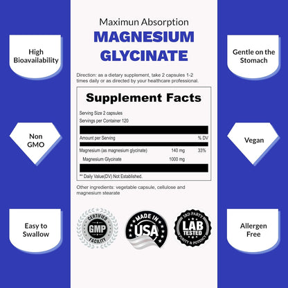 UpNourish Chelated Magnesium Glycinate 500mg Capsules - Magnesium Chelate for High Absorption - Pure Magnesium Supplement 480 Capsules