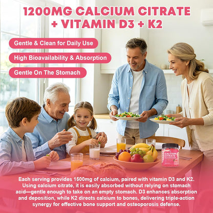 (2 Pack) Calcium Citrate Gummies 1200 mg with Vitamin D3, K2 for Bone, Muscle & Immune Support, High Absorption Chewable Calcium Supplements for Women & Men, Sugar Free, Vegan, Peach Flavor, 60 Chews