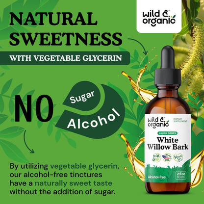 Wild & Organic White Willow Bark Tincture - Liquid Supplement for Overall Support - Alcohol & Sugar-Free White Willow Extract Drops - Salix Alba Bark - Vegan, No Additives - 4 fl oz