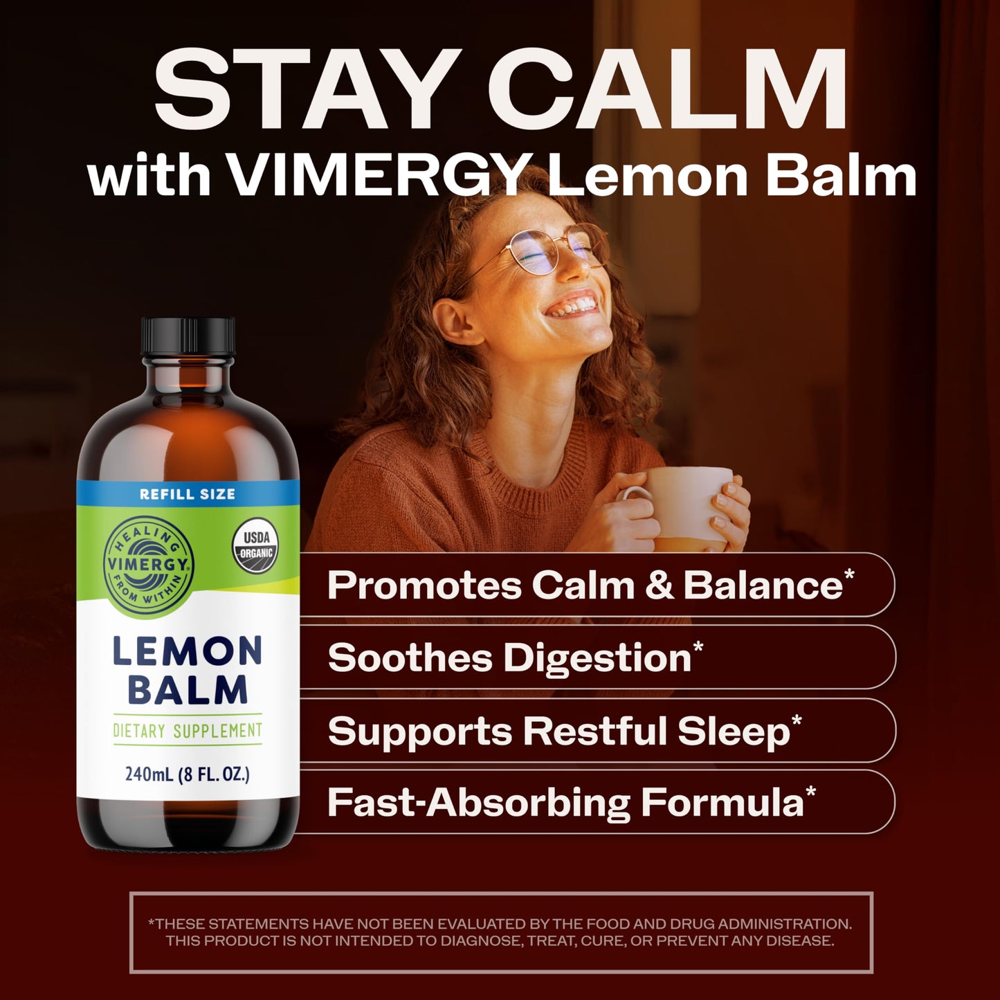 Vimergy USDA Organic Lemon Balm Tincture Herbal Supplement – Can be Used in Tea - Non-GMO, Alcohol-Free –115 mL (1 mL/Serving)