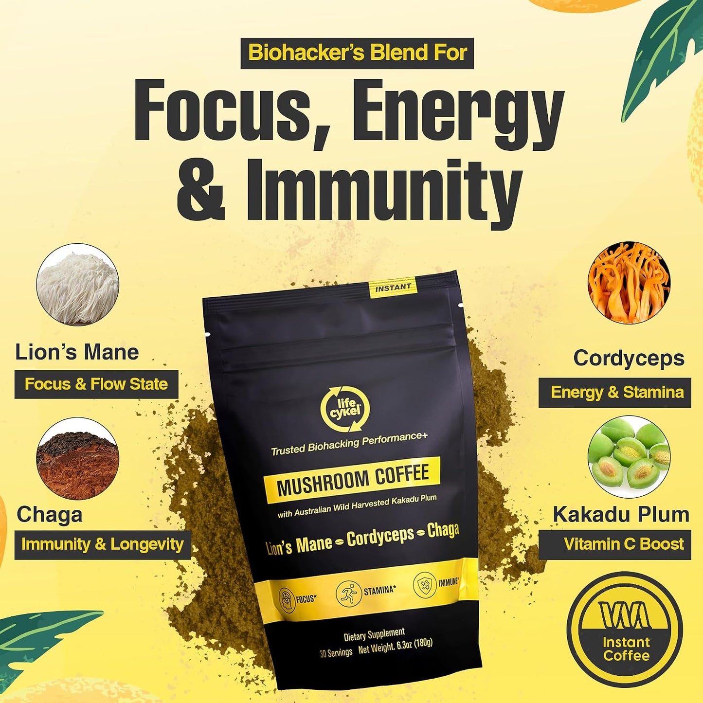 Lifecykel Mushroom Coffee – Arabica Blend with Lion’s Mane, Chaga Extract, Cordyceps & Kakadu Plum | Focus | Adaptogenic, Smooth & Jitter-Free | 106 mg