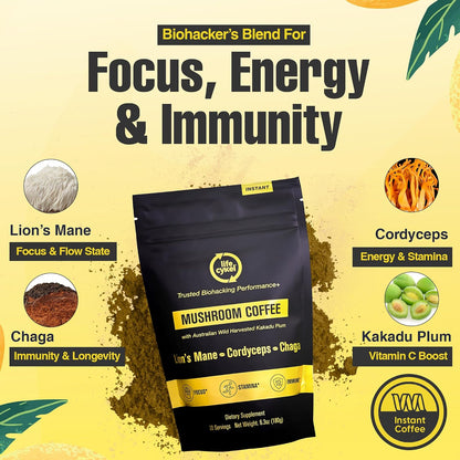 Lifecykel Mushroom Coffee – Arabica Blend with Lion’s Mane, Chaga Extract, Cordyceps & Kakadu Plum | Focus | Adaptogenic, Smooth & Jitter-Free | 106 mg