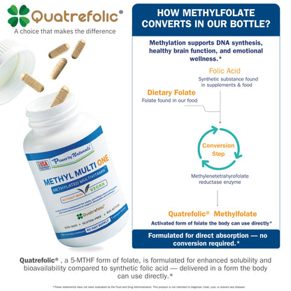 Power By Naturals Methyl Multi One – Iron-Free Methylated Multivitamin with 5-MTHF, Methyl B12 & CoQ10 – Methylation Support for Men & Women – Vegan, Non-GMO – 60 Capsules (2-Month Supply) | With 5-MTHF, Methyl B12 & CoQ10 - Methylation Daily Support for