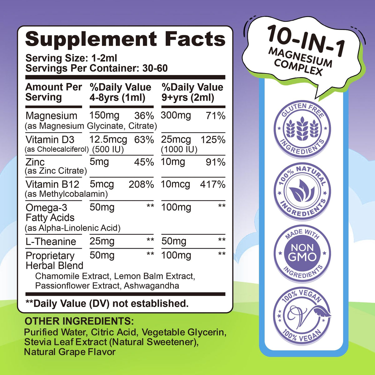 Kids Magnesium Liquid Drops - Liquid Magnesium Glycinate for Kids, Citrate Supplement with L-theanine, Omega-3, Vitamin B12, D3 for Sleep, Calm, Relaxation, Brain, Bones, Strawberry 2 Fl Oz