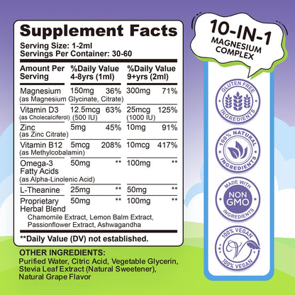 Kids Magnesium Liquid Drops - Liquid Magnesium Glycinate for Kids, Citrate Supplement with L-theanine, Omega-3, Vitamin B12, D3 for Sleep, Calm, Relaxation, Brain, Bones, Strawberry 2 Fl Oz