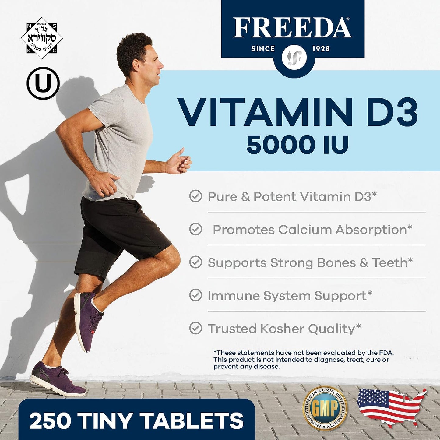 FREEDA Vitamin D3-5000 IU - Pure High Potency Kosher Supplement Tablets - Bone and Muscle Health, Calcium Absorption, Immune Support for Men and Women* - 250 Count | High Potency Vitamin D3 Supplement with 5000 IU Tablets - Support Bone Health, Muscle Fun