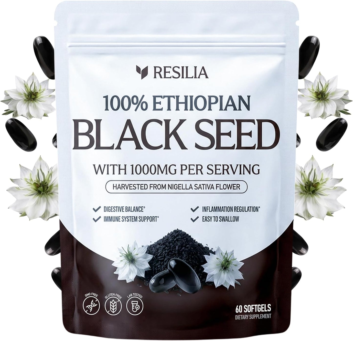 Resilia Ethiopian Black Seed Softgels 1000mg Per Serving – Premium Nigella Sativa Seed Oil Supplement – Digestive & Immune Support Formula – Easy to Swallow Soft Capsules (60 Count)