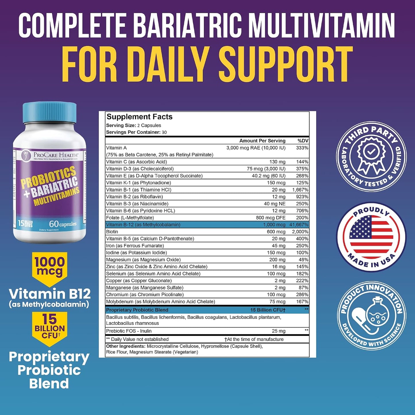 Core-45 + Probiotics Bariatric Multivitamin | Capsule | 60 Ct | 15 Billion CFU Bariatric Probiotic Fast Dissolving Veggie Capsules to Support Gut and Immune Health for Bariatric Patients
