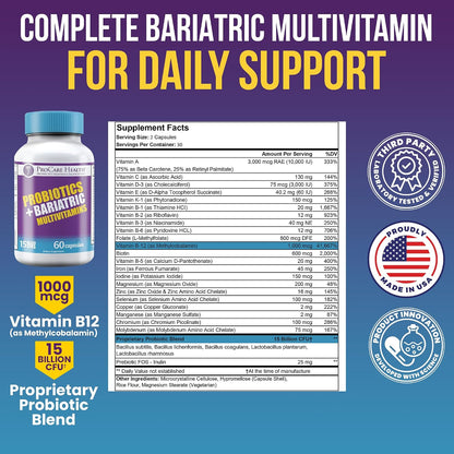 Core-45 + Probiotics Bariatric Multivitamin | Capsule | 60 Ct | 15 Billion CFU Bariatric Probiotic Fast Dissolving Veggie Capsules to Support Gut and Immune Health for Bariatric Patients