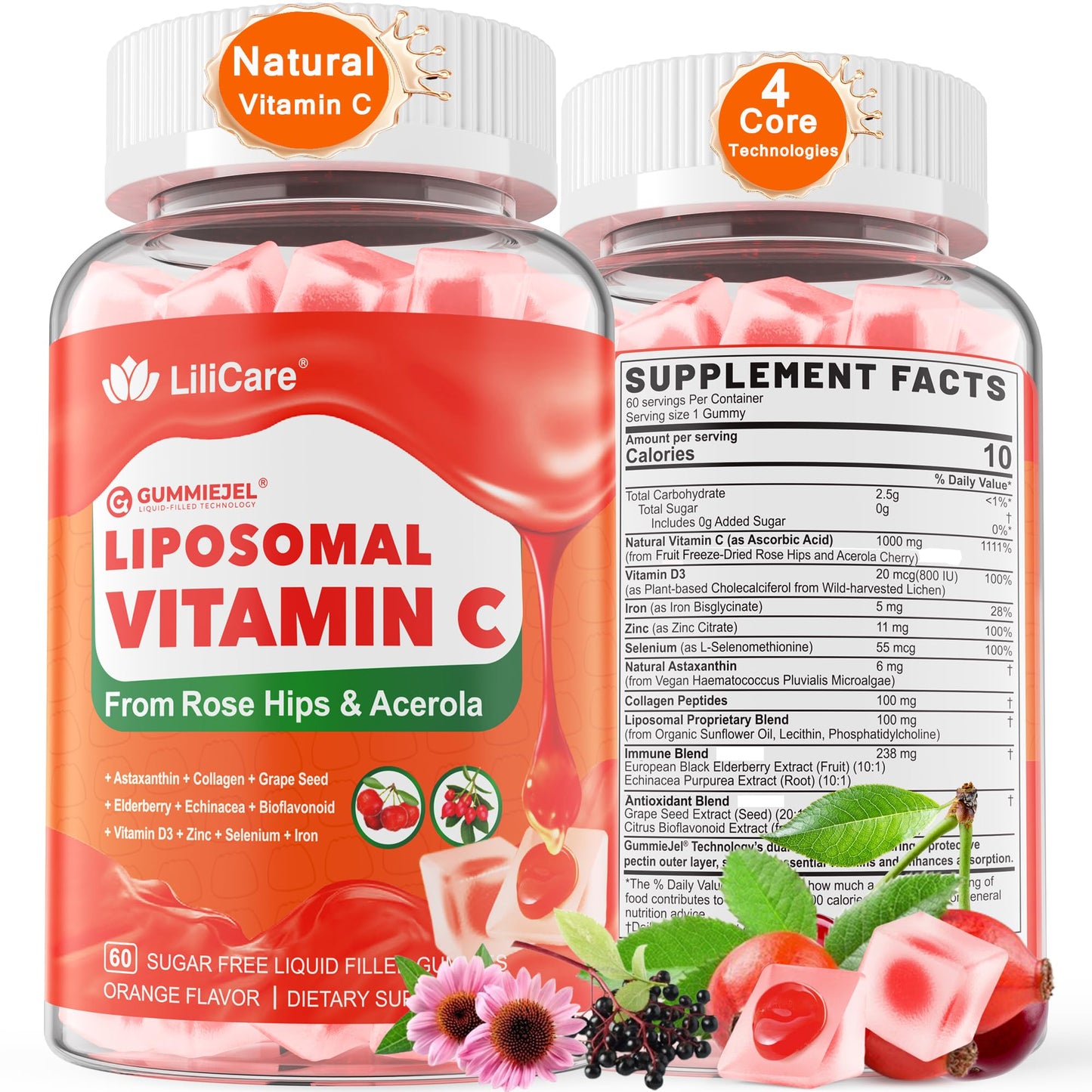 Natural Liposomal Vitamin C 1000mg Gummies for Adults & Kids 9+, Chewable Vitamin C w/ 11mg Zinc, D3, Elderberry, Echinacea, , Bioflavonoid, Immune Support, Whole Food VIT C from Fruits, Sugar Free