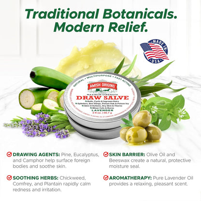 Amish Origins Drawing Salve Ointment for Boil Treatment, Maximum Strength Fast Acting Draw Salve for Splinters, Bee Stings, Anti Itch Cream, Poison Ivy Oak Relief, 2 oz