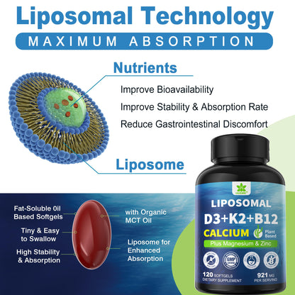 6-in-1 Plant Based Calcium Supplements for Women Men- Calcium 600mg w/ D3 K2 5000 IU Vitamin, Liposomal & Algae Ca-lcium Magnesium Zinc + Vegan Vitamin D 5000 IU + K2 MK7 + Methyl B12 for Bone, 1 Pack