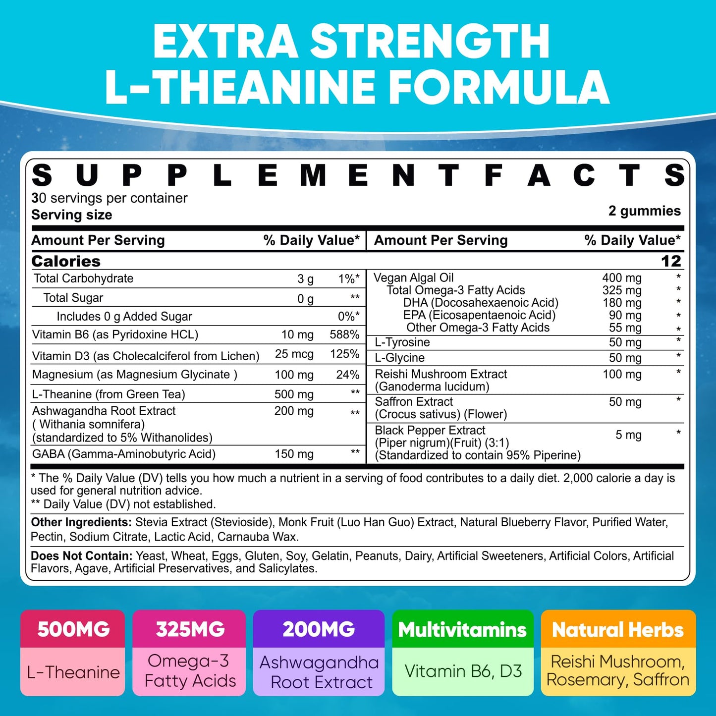 L Theanine Calm Gummies 500mg, Sugar-Free Liposomal L-Theanine Supplement, w/Safforn, Magnesium Glycinate, GABA, Ashwagandha, Algae Omega-3, Vitamin D3 B12, for Brain Calm, Relax, Mood, Zzz, 120Cts