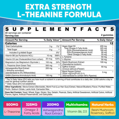 L Theanine Calm Gummies 500mg, Sugar-Free Liposomal L-Theanine Supplement, w/Safforn, Magnesium Glycinate, GABA, Ashwagandha, Algae Omega-3, Vitamin D3 B12, for Brain Calm, Relax, Mood, Zzz, 120Cts
