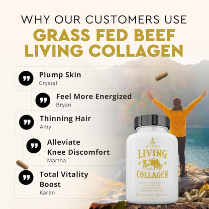 Ancestral Supplements Grass Fed Beef Living Collagen Capsules, 180 Ct | Type II collagen peptides complex in convenient capsules supports healthier, younger-looking skin, hair, nails & joints.