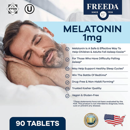 FREEDA Melatonin 1mg - Natural Fruit Flavor - 90 Chewable Tablets | Sugar-Free Melatonin Tablets - Non-Habit Forming - Vegan, Gluten-Free, Kosher, Safe for Adults and Kids 3+ - Made in USA