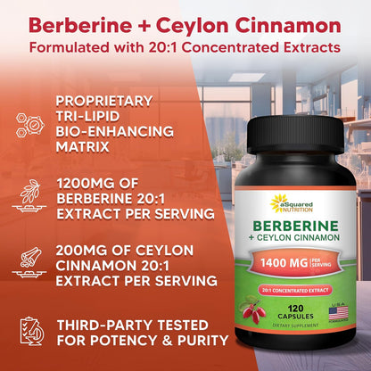 Berberine with Ceylon Cinnamon Supplement - 120 Capsules - 1200mg/Serving | Max Strength Berberine HCl Plus Complex - Premium Pure Extract Pills Alternative to Gummies, Drops & Patches