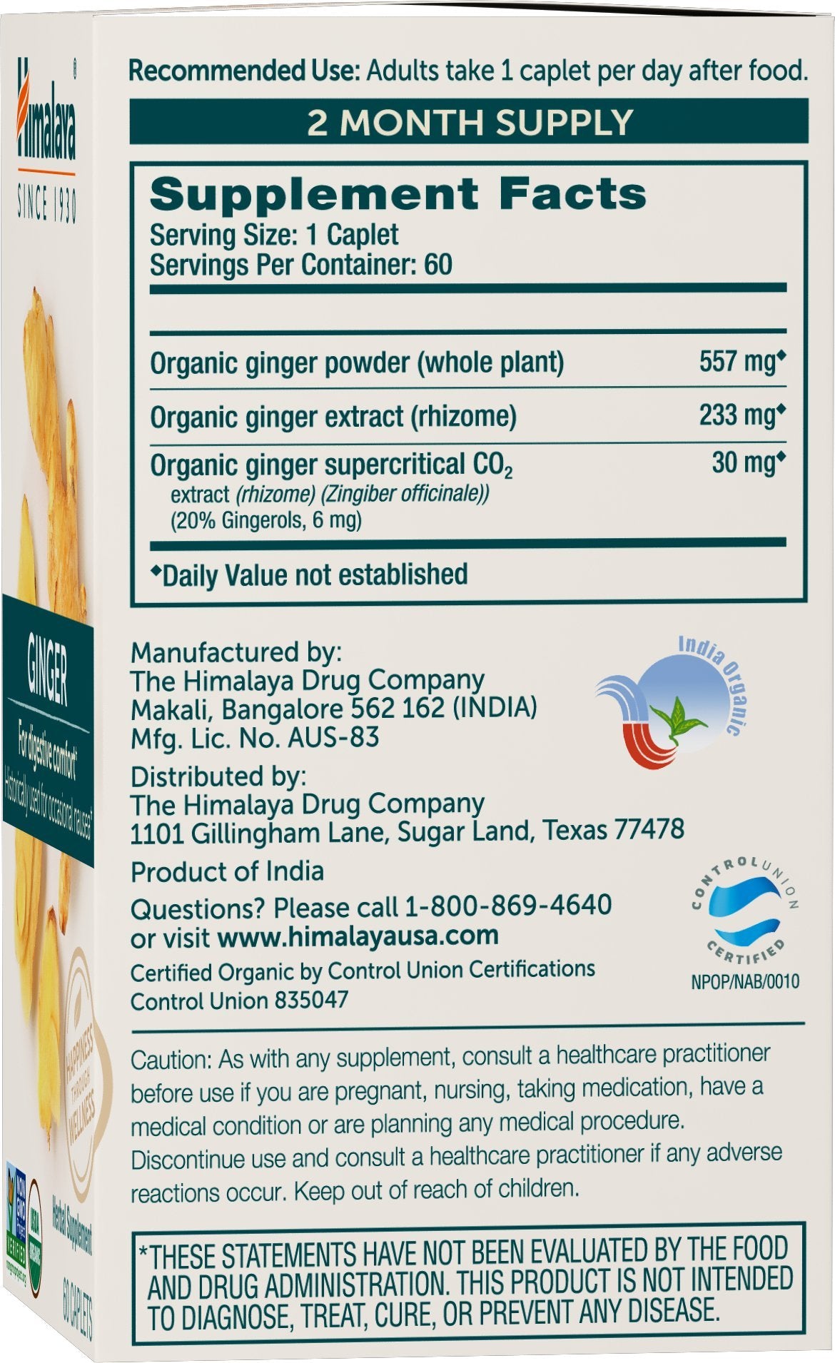 Himalaya USDA Organic Ginger Root Capsules, 60 Caplets, 60 Day Supply