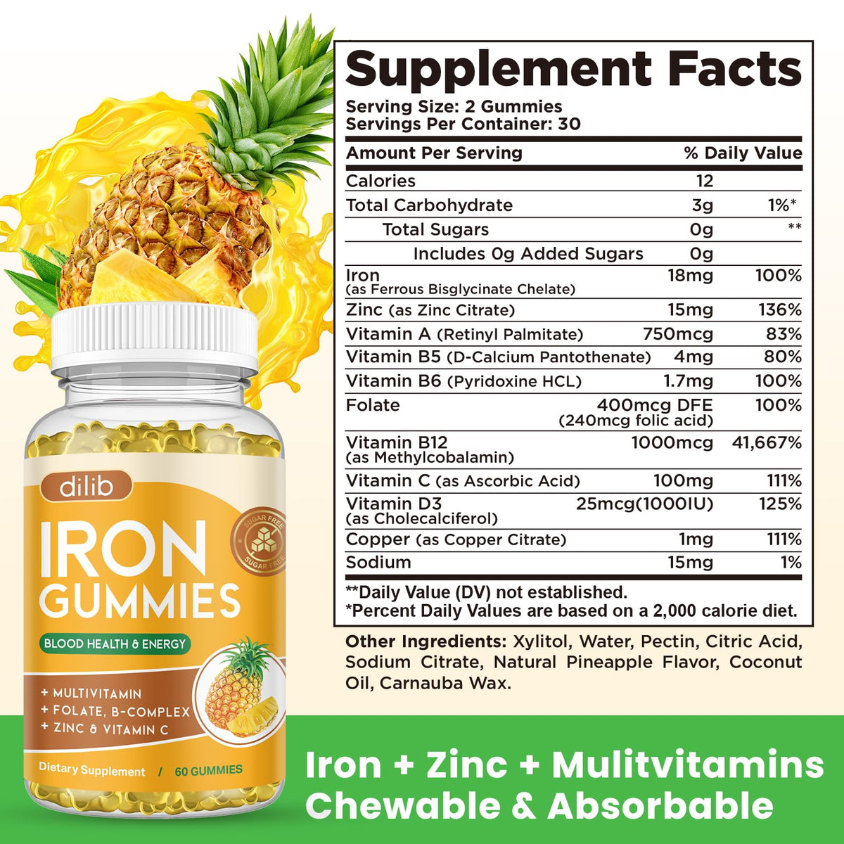 Iron Gummies with Multivitamin, Iron Supplement for Women & Men with Zinc, Vitamin B Complex & C, B12, Folate - Blood Builder & Energy Support for Adults & Kids - Strawberry Flavor, Vegan 60 Gummies