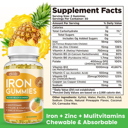 Iron Gummies with Multivitamin, Iron Supplement for Women & Men with Zinc, Vitamin B Complex & C, B12, Folate - Blood Builder & Energy Support for Adults & Kids - Strawberry Flavor, Vegan 60 Gummies