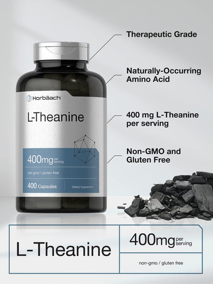 Horbäach L-Theanine Supplement | 400mg | 120 Powder Capsules | Non-GMO & Gluten Free