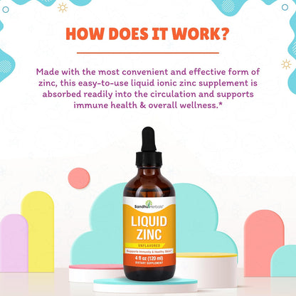 Liquid Zinc Drops for Kids, Toddlers, Babies & Adults | Unflavored 4 Fl Oz Large Pack | Ionic Zink Sulphate Supplements | for Immune Support & Skin Care | Easy to Take, Water Soluble
