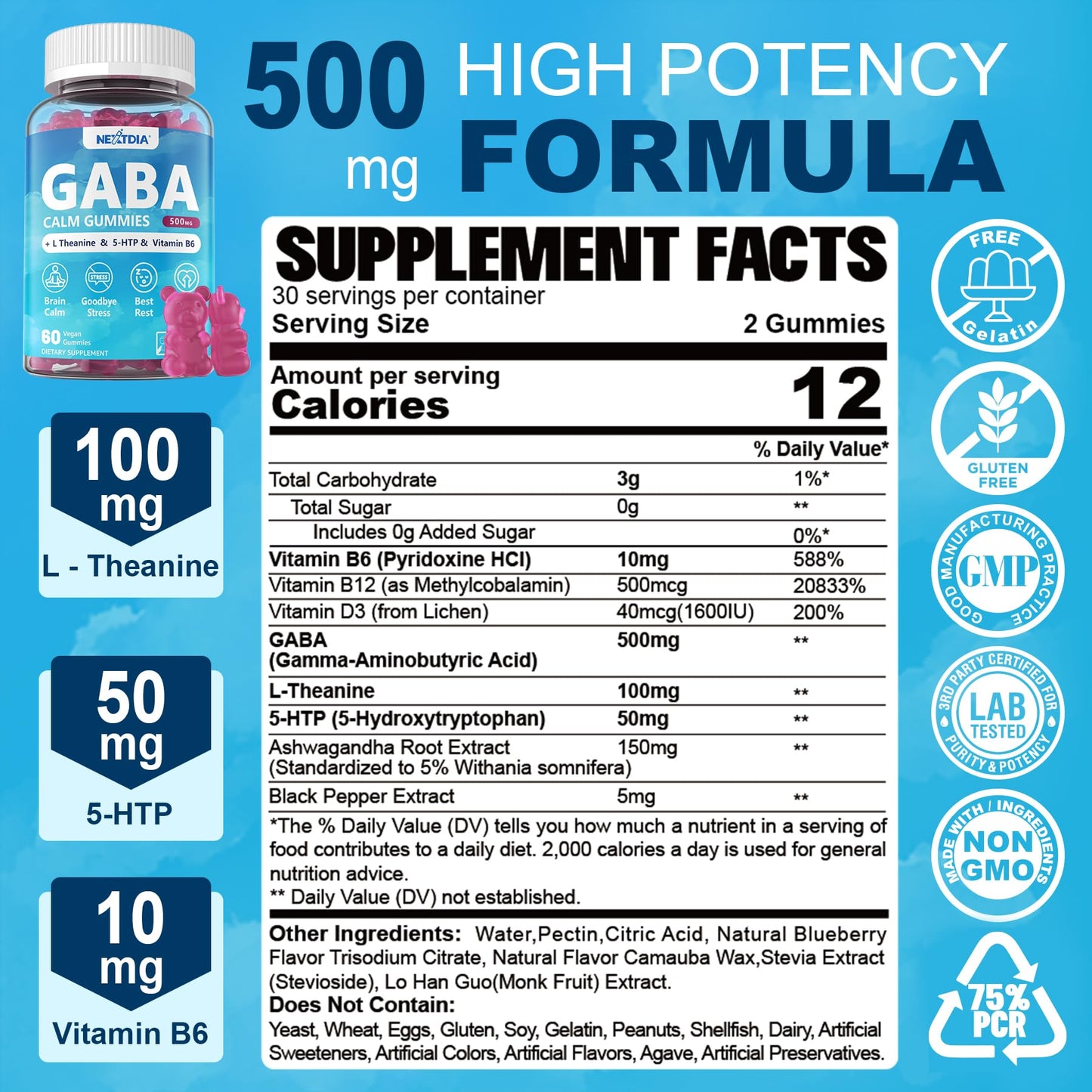 GABA Gummies 500 mg - Sugar-Free Calm Gummies with L Theanine, 5-HTP, Vitamins D3, B12, Ashwagandha, Melatonin-Free for Brain Calm, Mood, Zzz Better, GABA Supplement for Adult, Blueberry Flavor,2 Pack