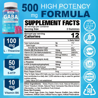 GABA Gummies 500 mg - Sugar-Free Calm Gummies with L Theanine, 5-HTP, Vitamins D3, B12, Ashwagandha, Melatonin-Free for Brain Calm, Mood, Zzz Better, GABA Supplement for Adult, Blueberry Flavor,2 Pack